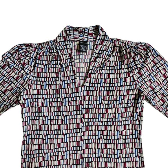 Rafaella Multi Color Black Burgundy Blue Geometric Subtle Puff 3/4 Sleeve Top M - Picture 3 of 10